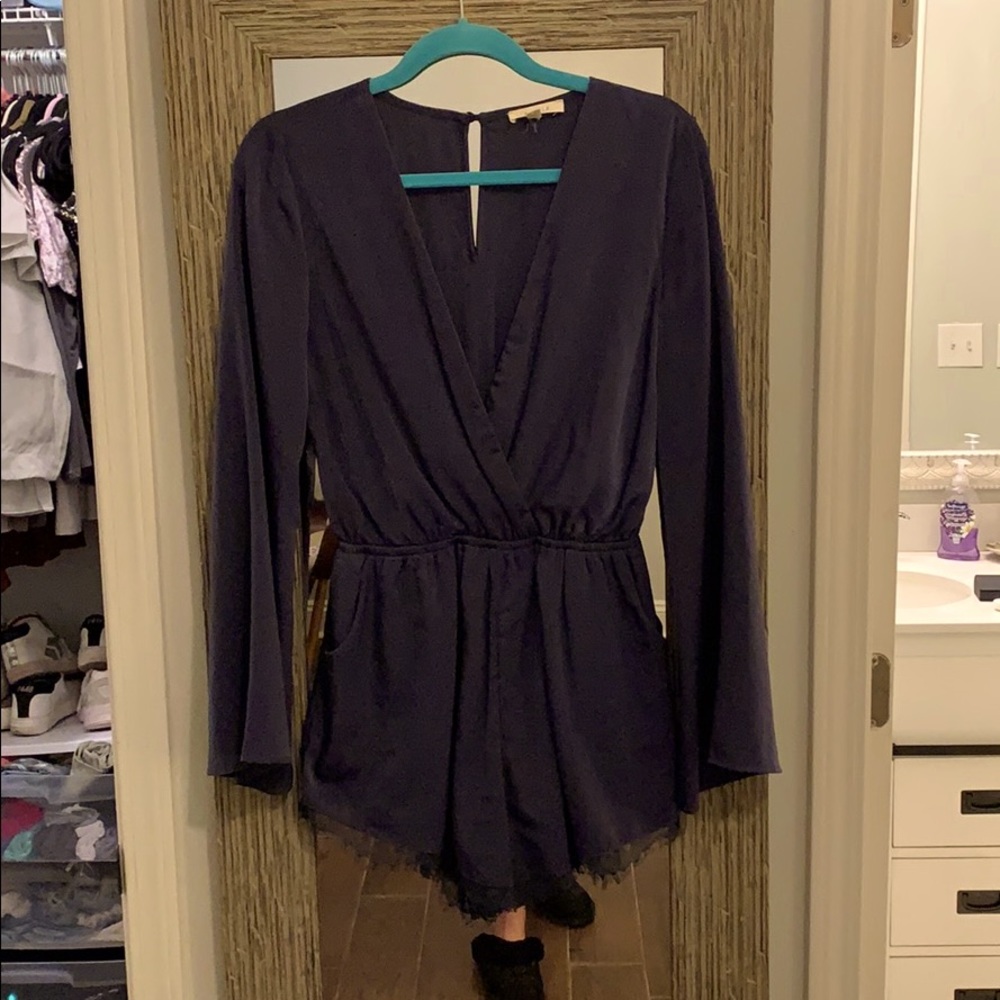NAVY ROMPER WITH LACE HEM SHORTS